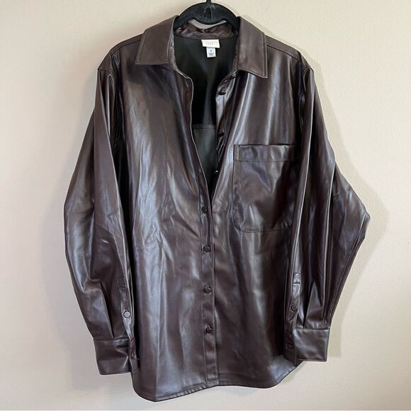 ✨ A New Day Brown Faux Leather Button Up Top Medium - Picture 1 of 10